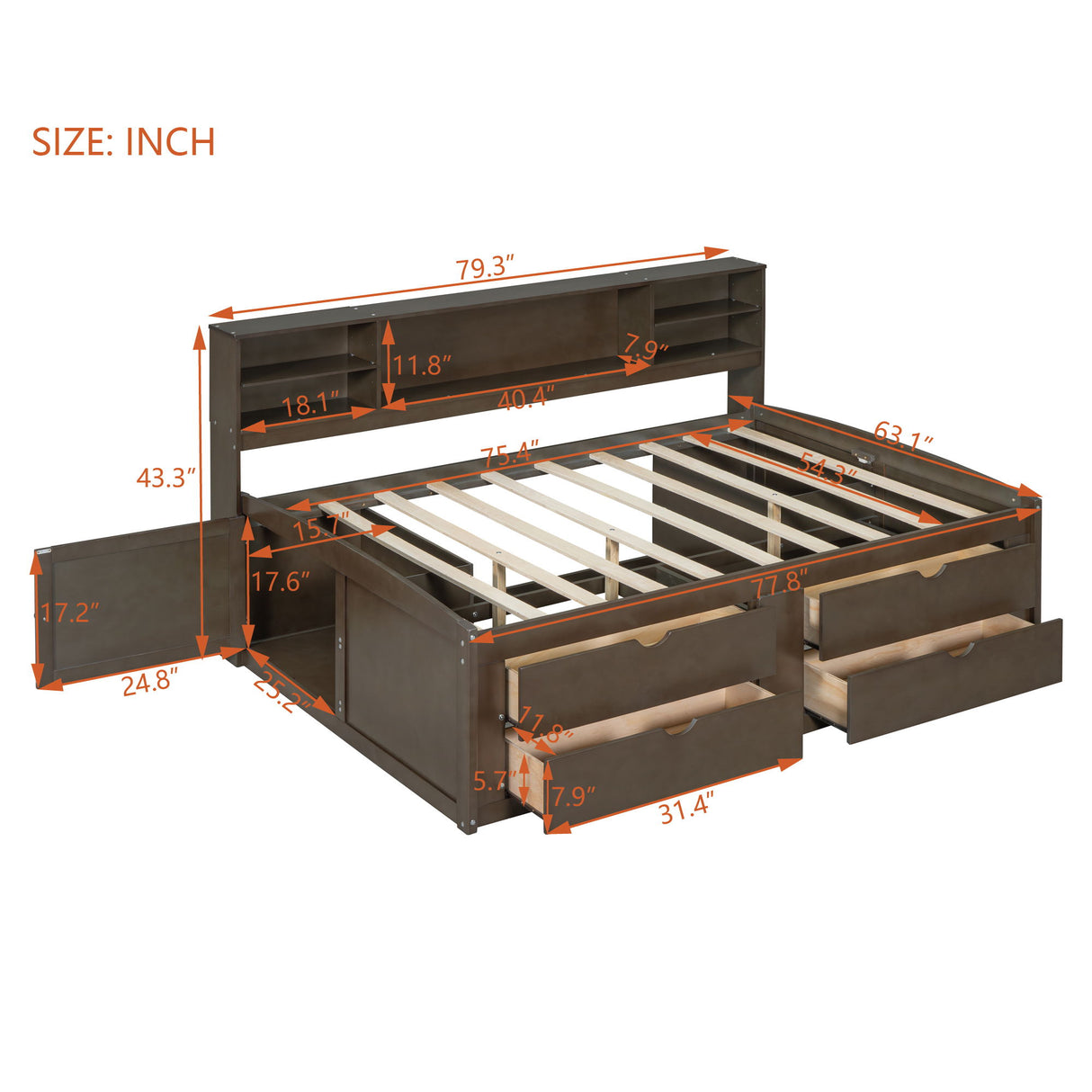 Daybed With 2 Bedside Cabinets, Upper Shelves And 4 Drawers