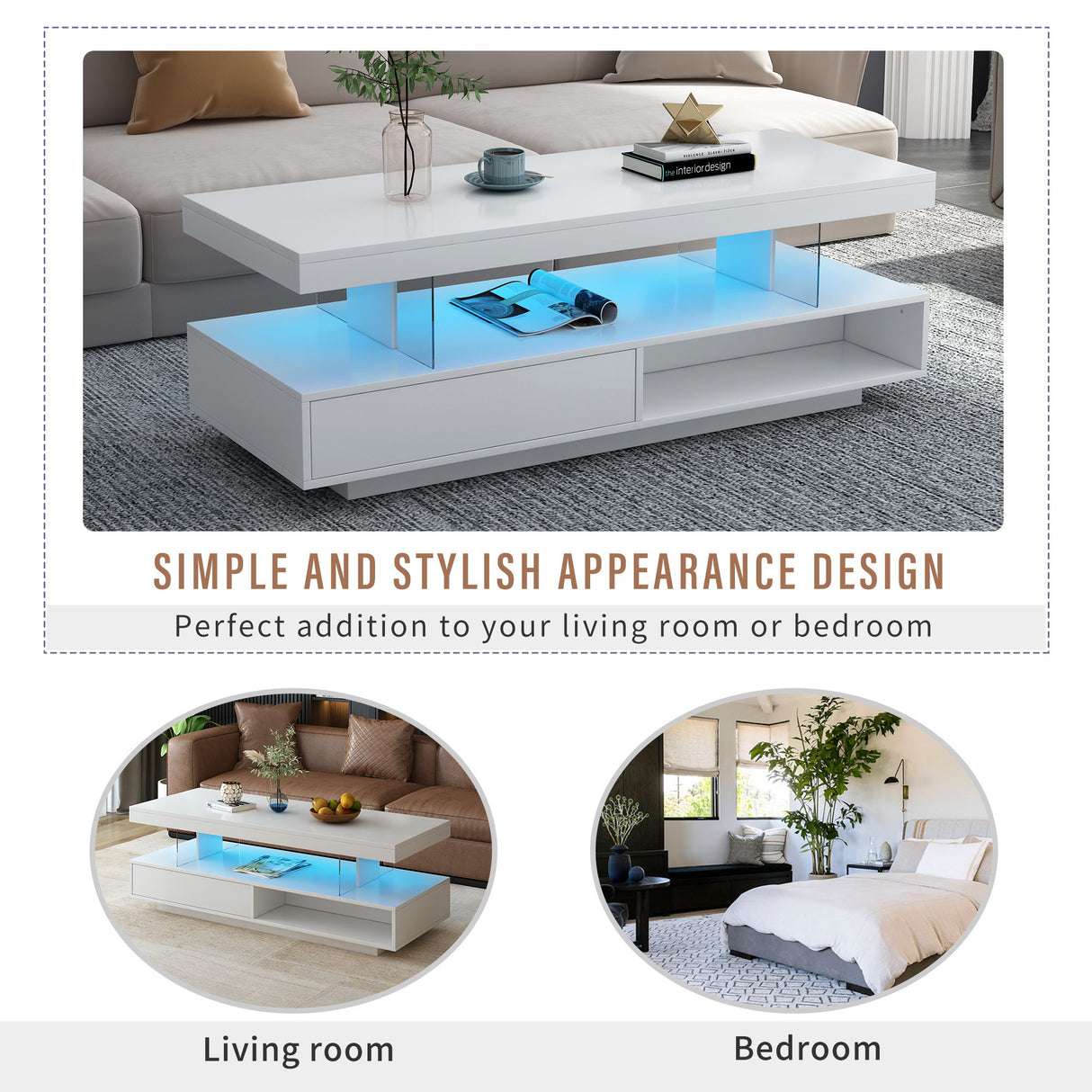 LED Coffee Table With 2 Drawers And Display Shelves