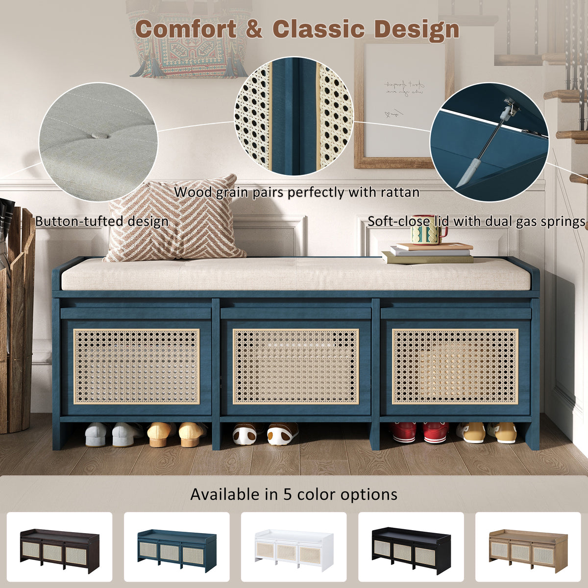 TREXM 48" Entryway Shoe Bench, Retro Storage Bench with Rattan Drawers