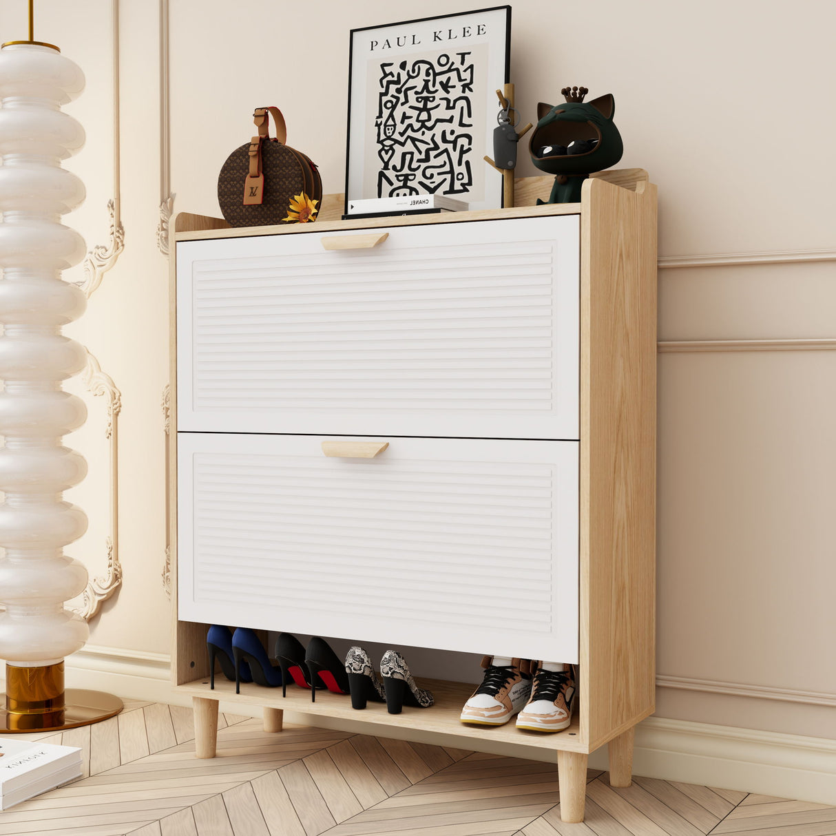 Shoe Storage Cabinet With 2 Flip Drawers, Compact Entryway Organizer - Natural / White