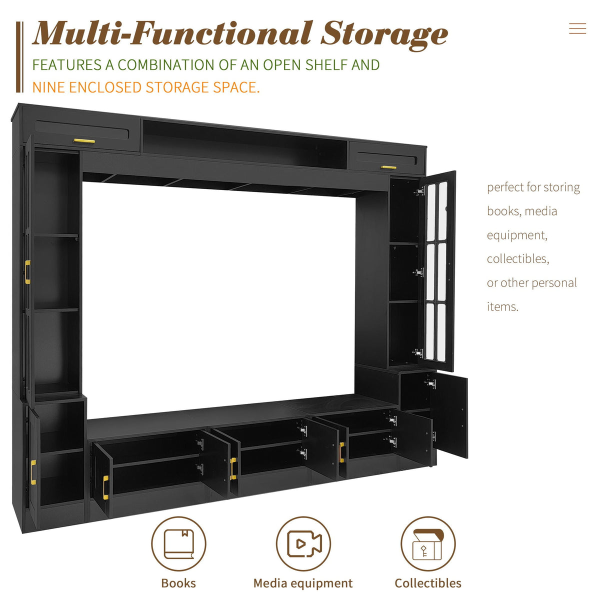 Wall Unit Entertainment Center With Bookshelves For TVs Up To 80"