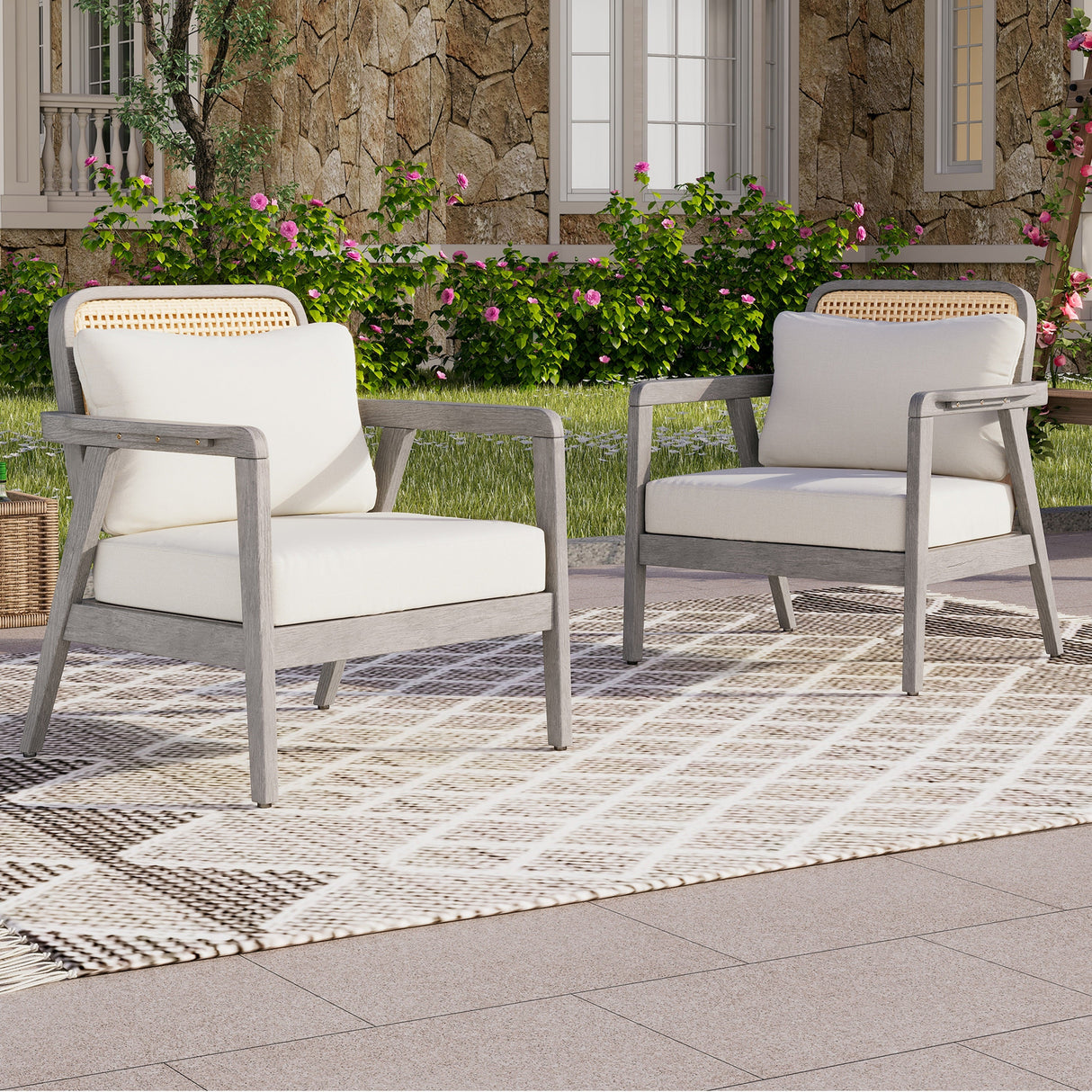 (Set of 2) Outdoor Acacia Wood Patio Club Chairs with Cushions