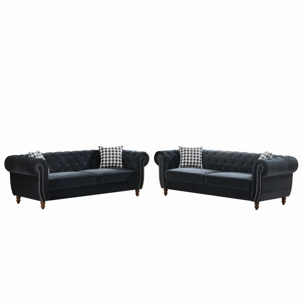 Chesterfield Upholstery Fabric Sofa With Roll Armrest & Nailhead, Mid Century Modern 3 And 3 Seater Couch