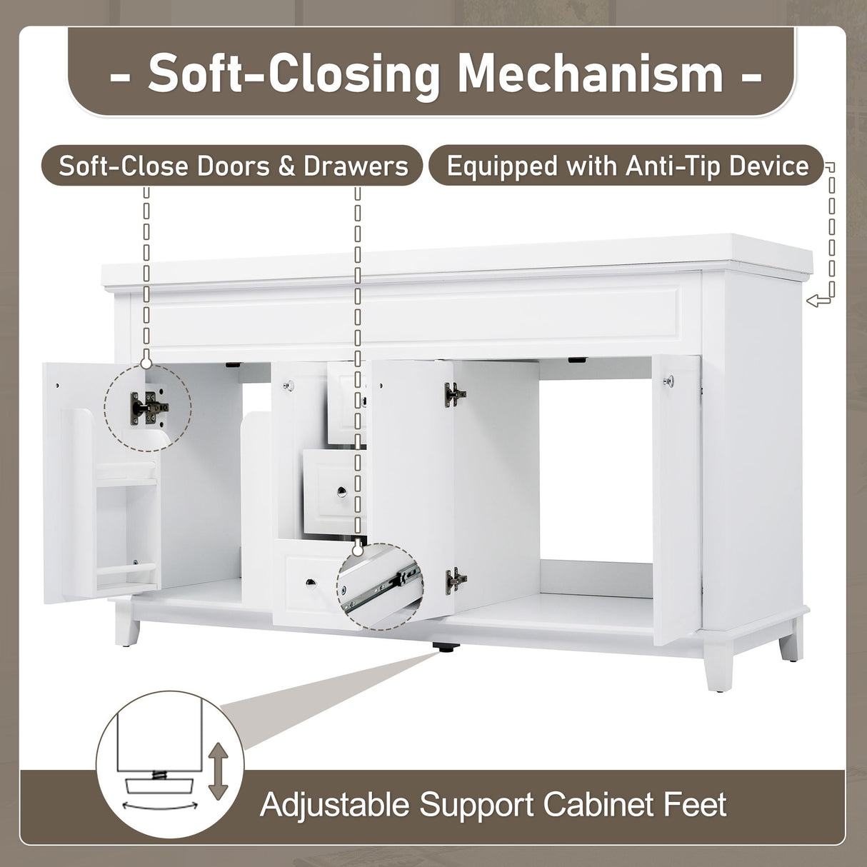 Bathroom Vanity With Double Sinks, 3 Drawers & 4 Doors, Soft Close, All Open Back Design - White