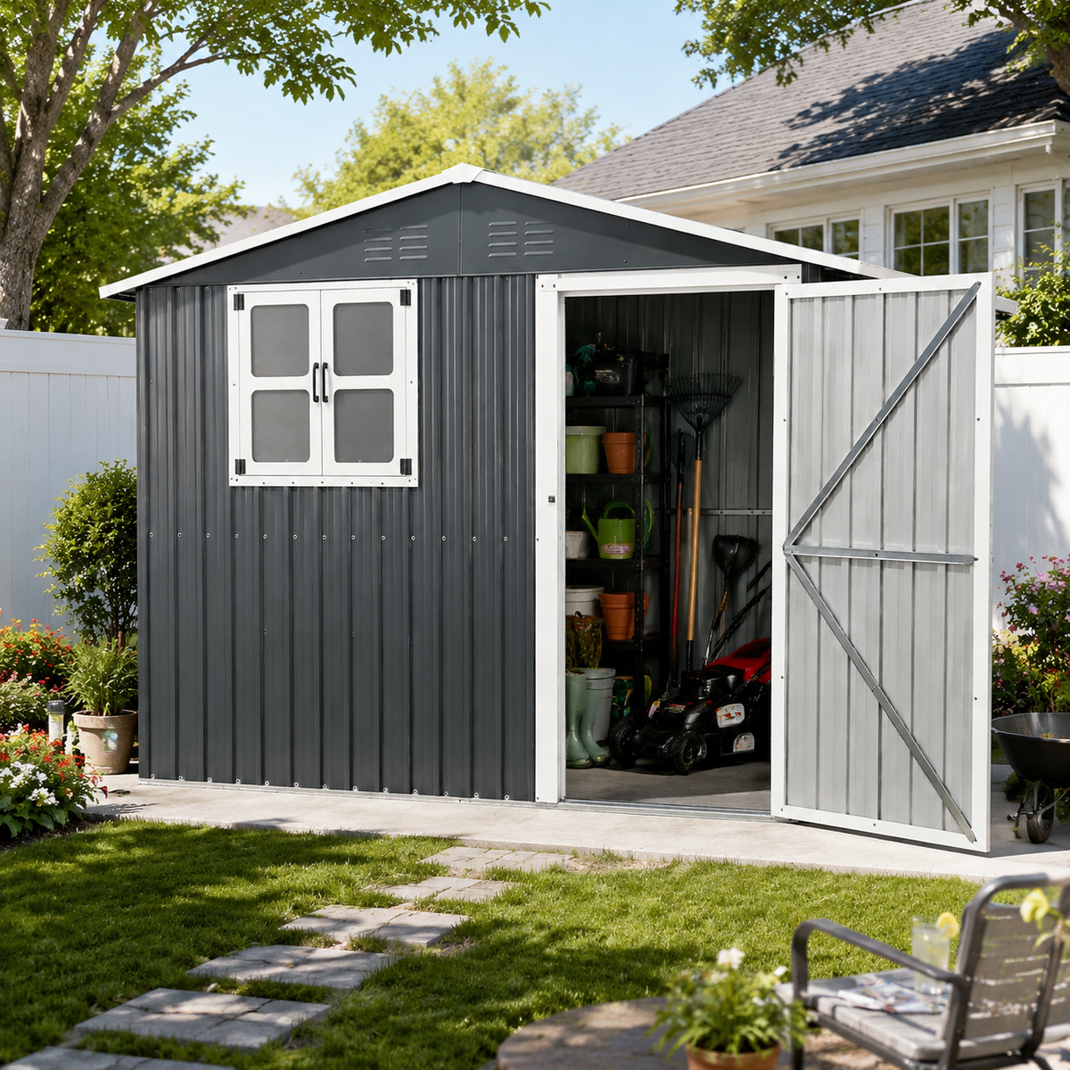8x4 Foot Outdoor Metal Storage Shed with Openable Window, Coal Grey