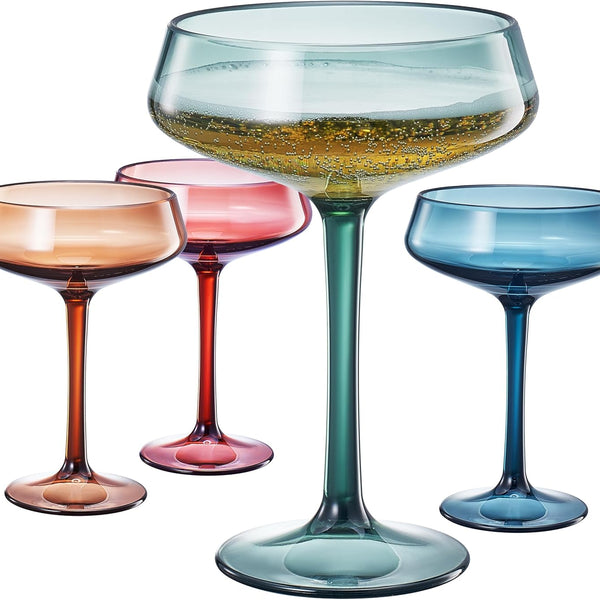 Khen Colored Acrylic Coupe Glasses – Set of 4 Stemmed 8 oz Cocktail Glasses in Muted Tones – Shatterproof, Reusable Drinkware for Martinis, Champagne, and Special Occasions