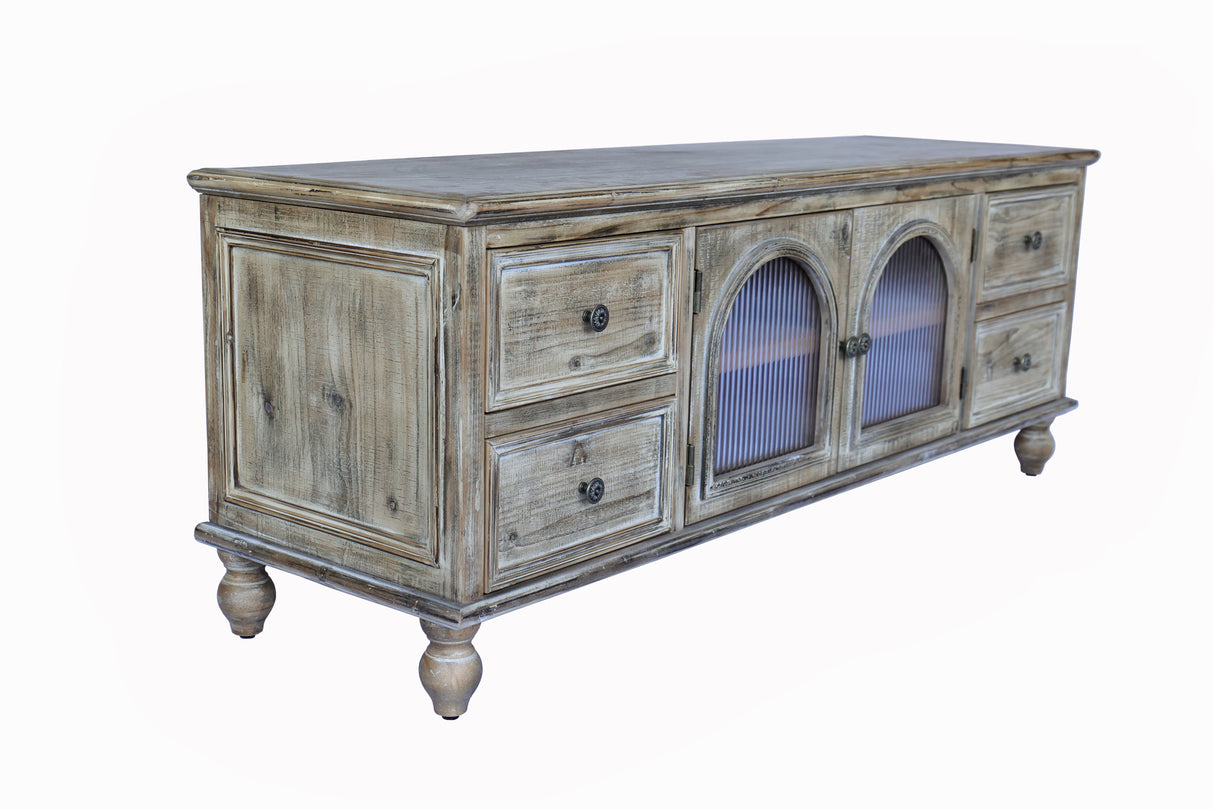 60" Farmhouse TV Stand with 4 Drawers & 2 Glass Doors