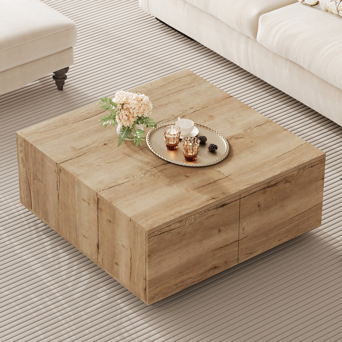 33.25-Inch Square Coffee Table with 4 Drawers, Natural