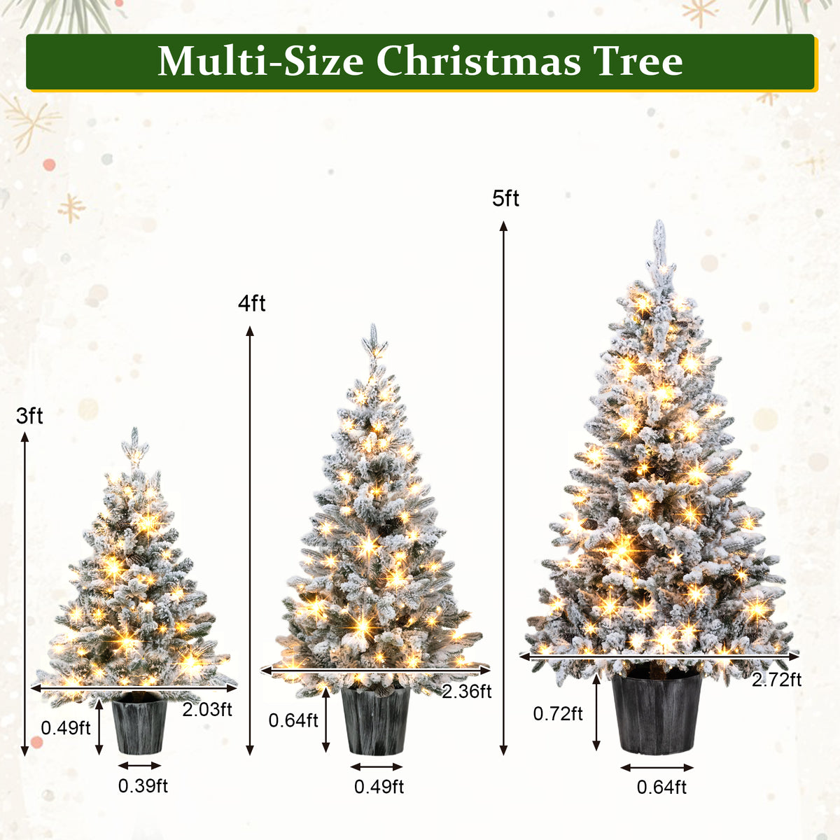 3-Piece Flocked Pre-Lit Christmas Tree Set