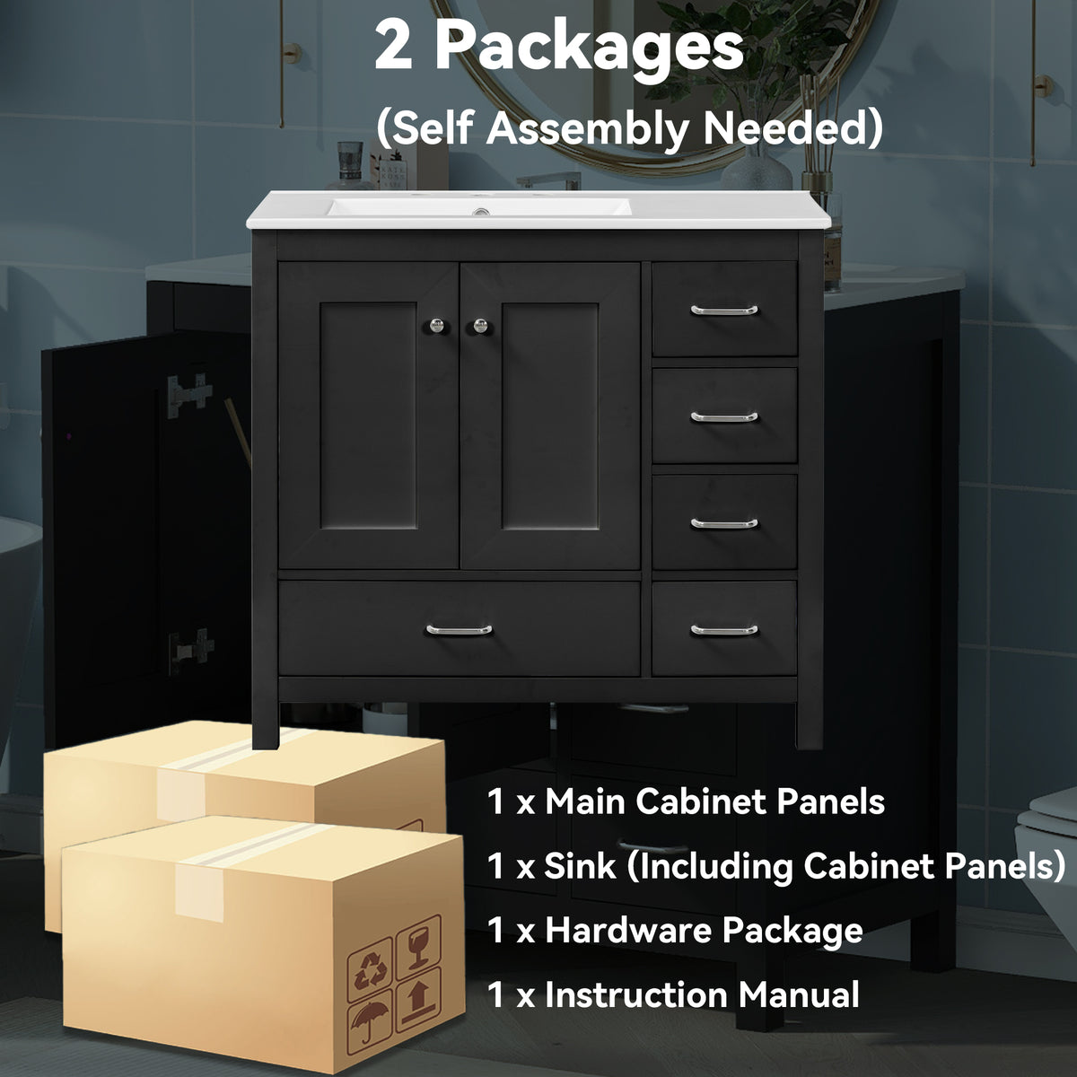 36" Black Bathroom Vanity with Ceramic Sink Combo
