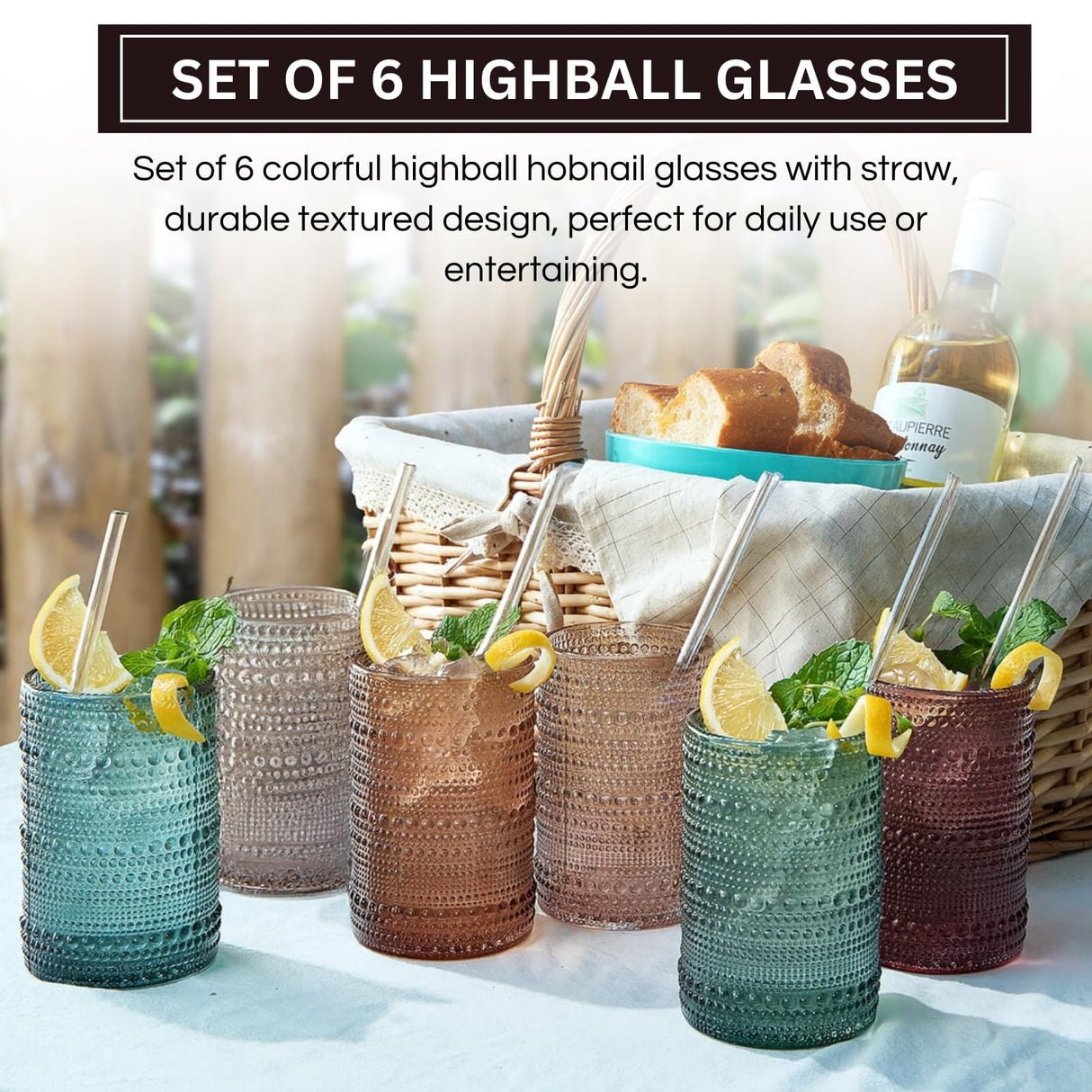Khen Hobnail Drinking Glasses with Straws | Muted Colors | Set of 6