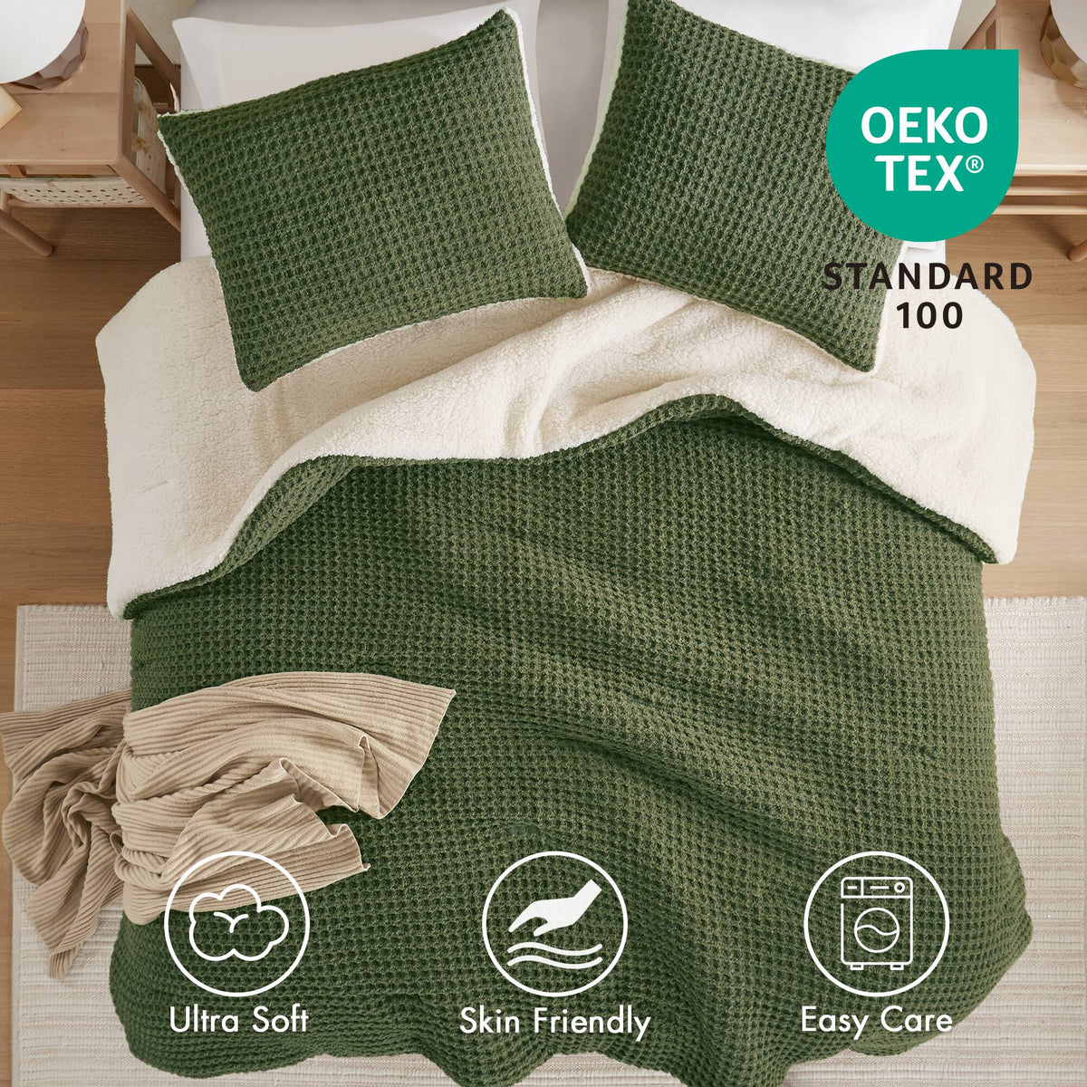 3 Pieces King/Cal King Waffle Knit Chenille Comforter Set, Olive