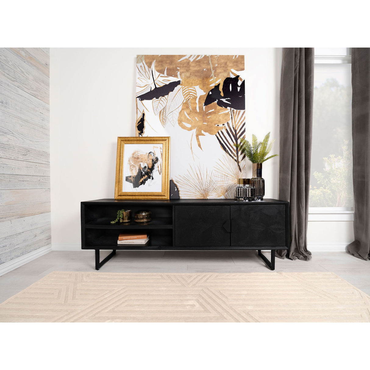 Manaya - 2 Door Stand With Open Shelving And Hidden Storage - Charcoal Black