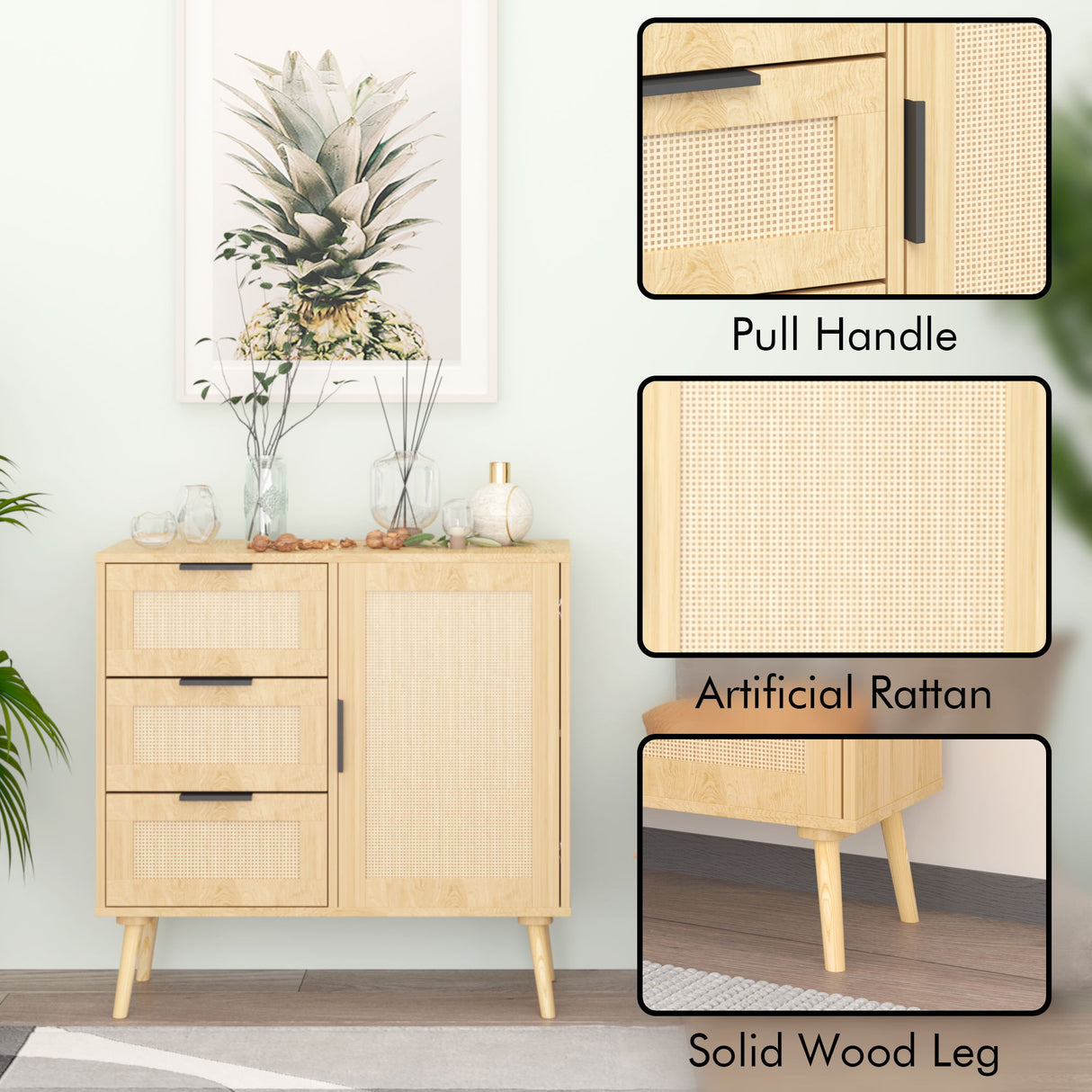 Dresser With Drawers And Adjustable Shelf - Antique Natural / Rattan