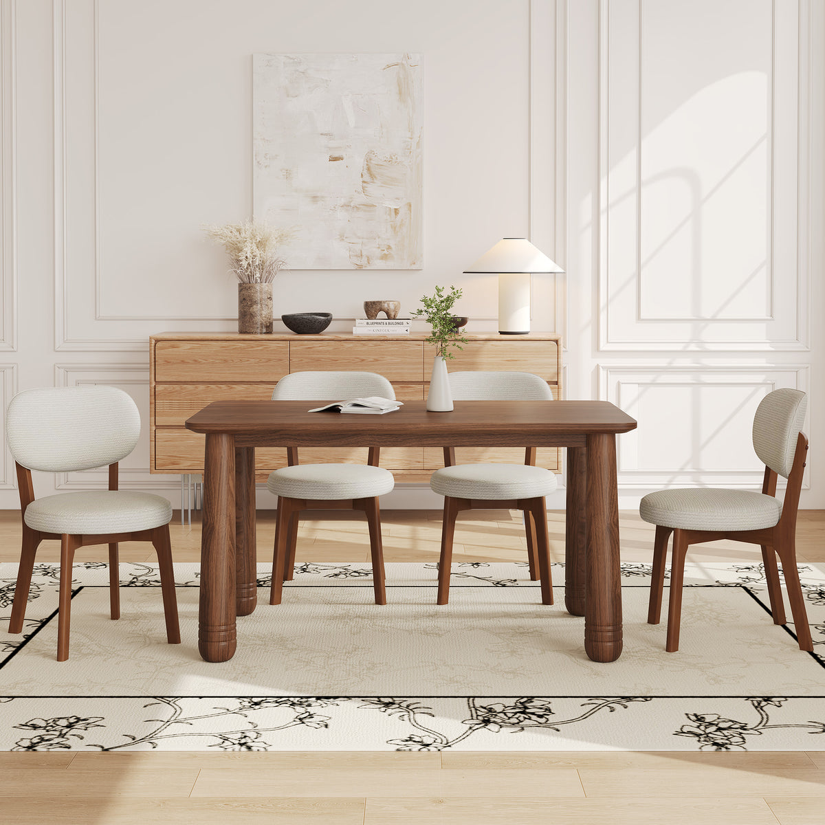 63" Solid Wood Dining Table Set with 4 Upholstered Chairs