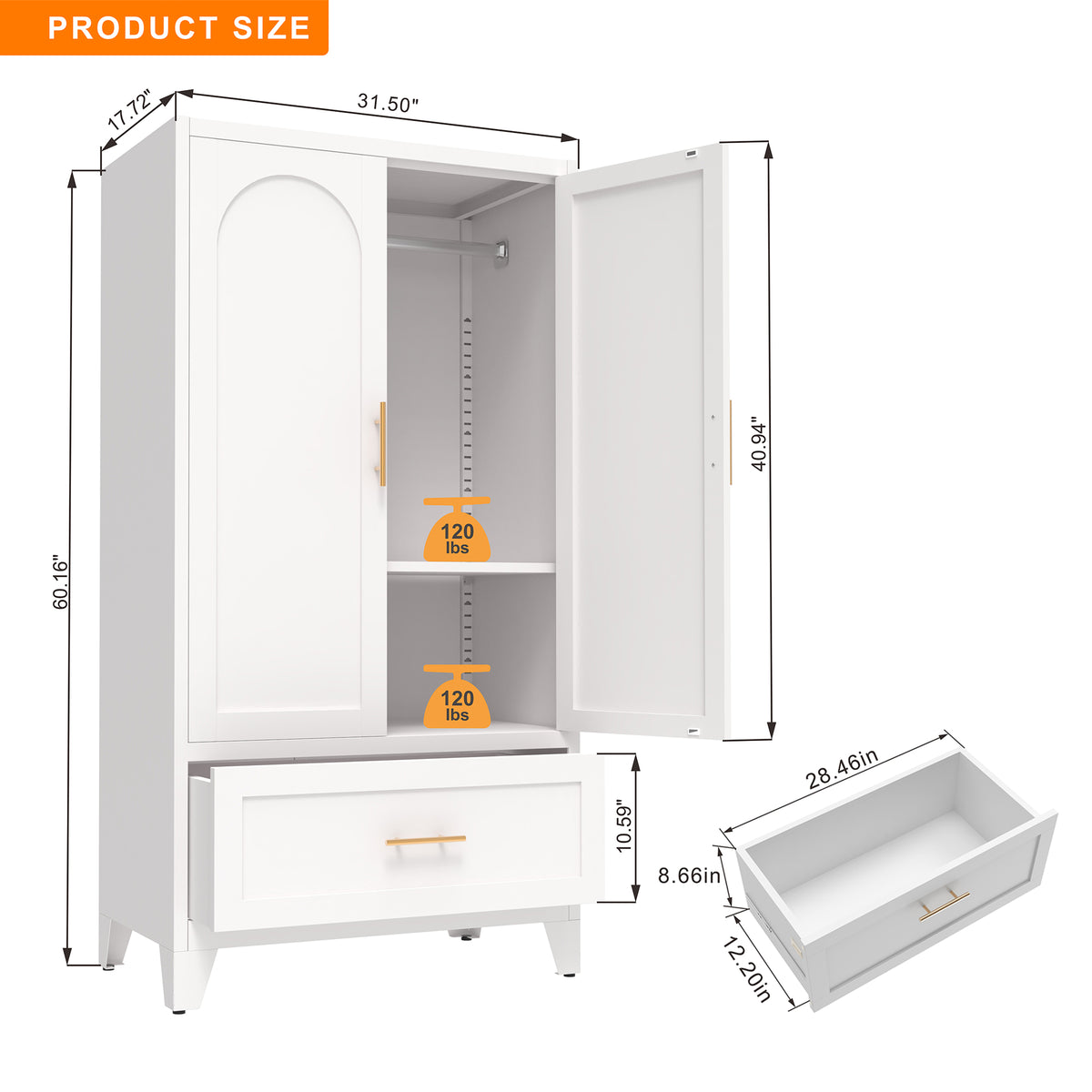 60" Tall Metal Wardrobe Cabinet with Drawer and Hanging Rod
