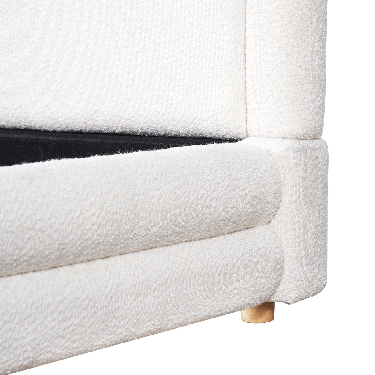 King Size Bed Frame With Boucle Upholstered Thick Curved Headboard, Solid Wood Legs