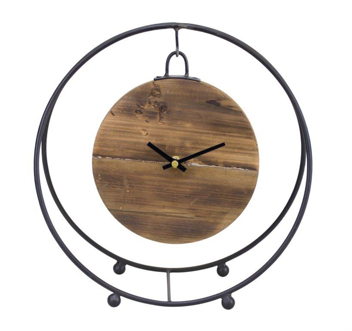 Natural wooden hanging clock in round metal stand 11.5"d