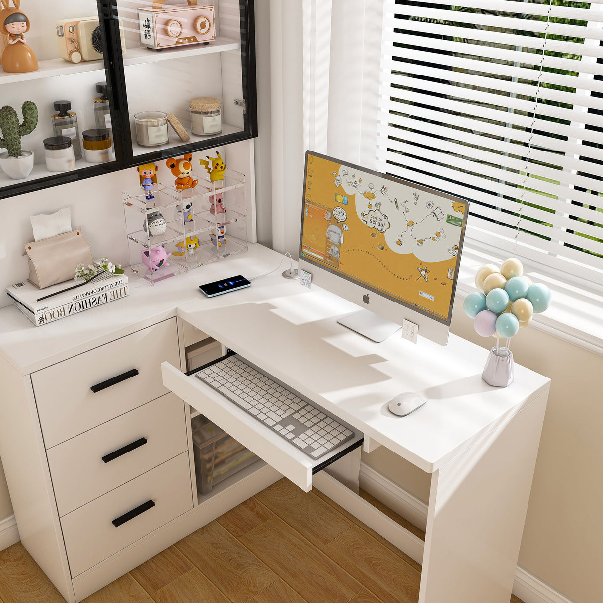 L-Shaped Computer Desk With Glass Cabinets, Built In LED Lights, USB Charging Ports