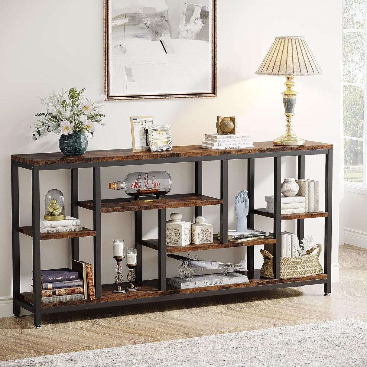 Tribesigns Extra Long Console Table, 3 Tier With Storage Shelves - Rustic Brown
