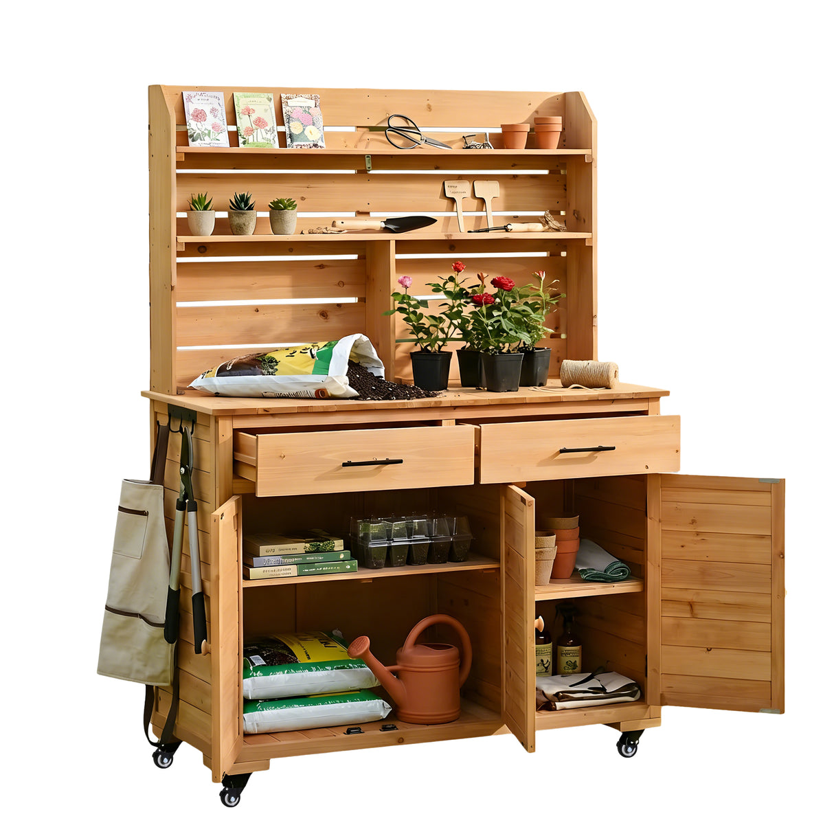 TOPMAX 65''H Large Garden Potting Bench with Lockable Wheels and Storage Cabinet