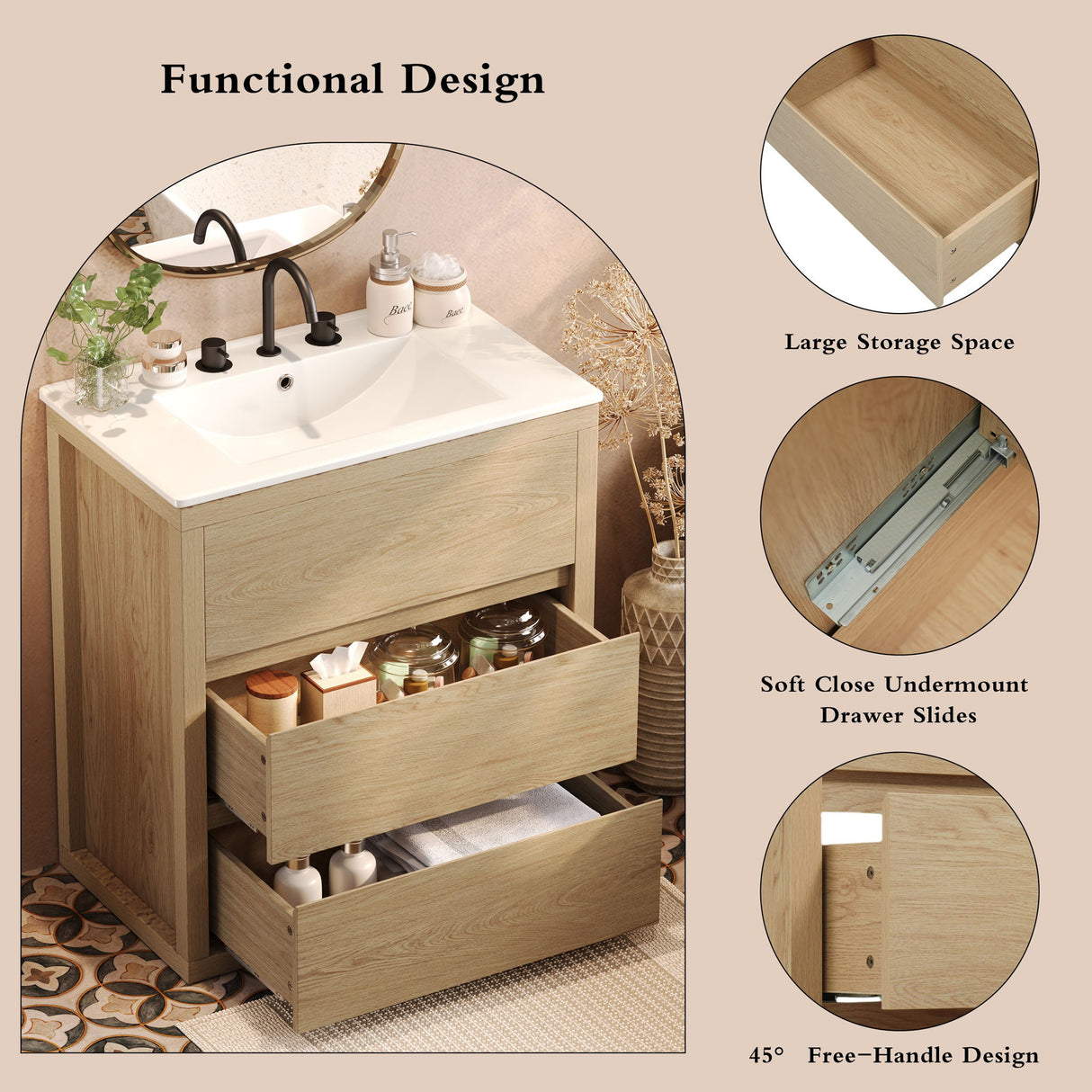 Freestanding Bathroom Vanity With Ceramic Sink, 2 Full Extension Drawers