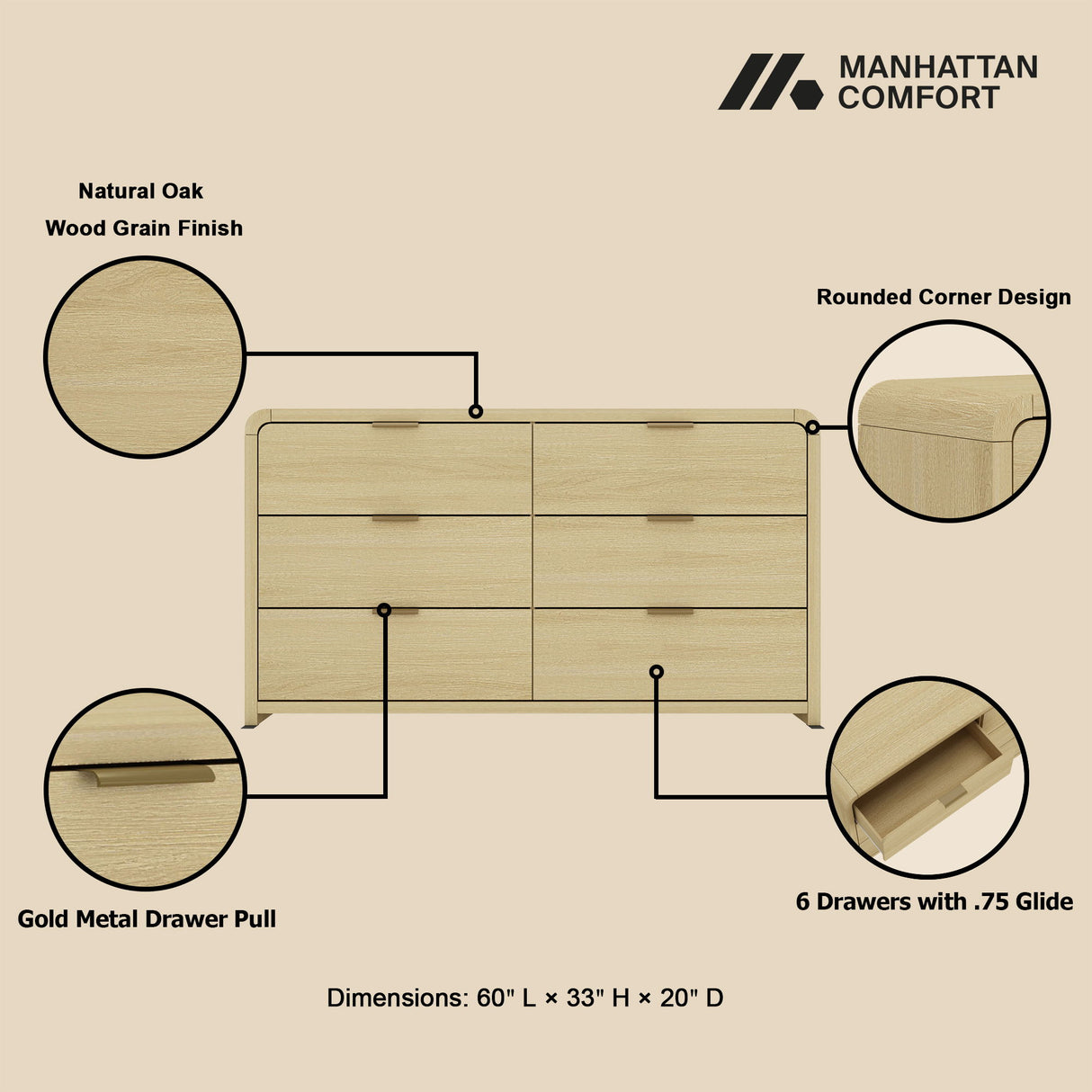Grace - Double Dresser With 6 Drawers - Oak