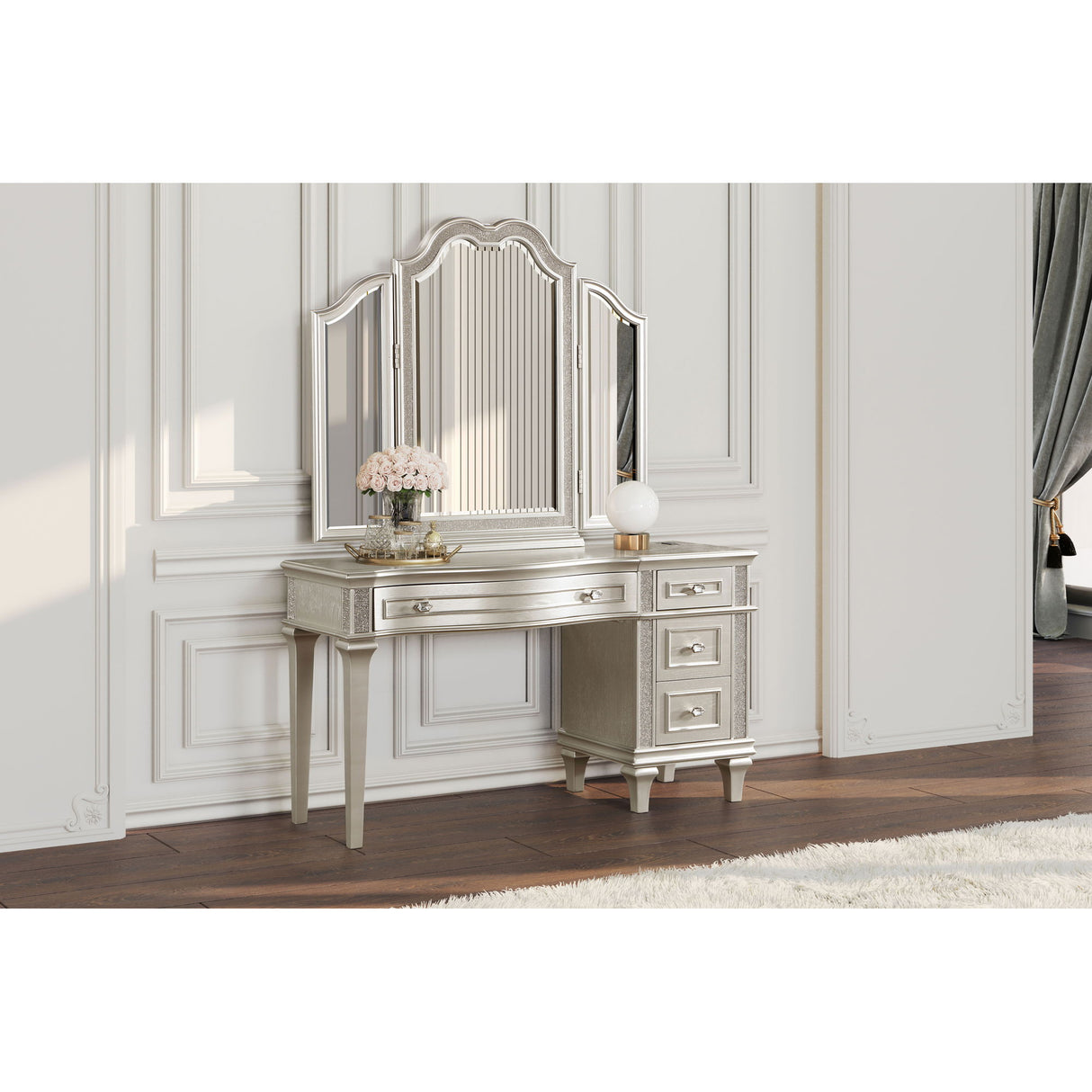 Colwood - 4 Drawer Vanity Desk With And Built In Charging - Silver Gray