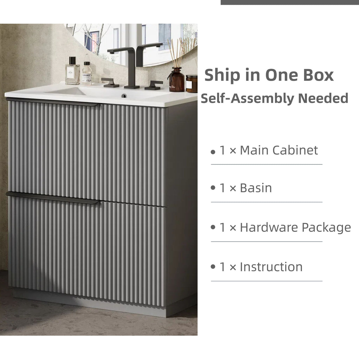 Fluted Bathroom Vanity With Ceramic Sink, Freestanding Cabinet