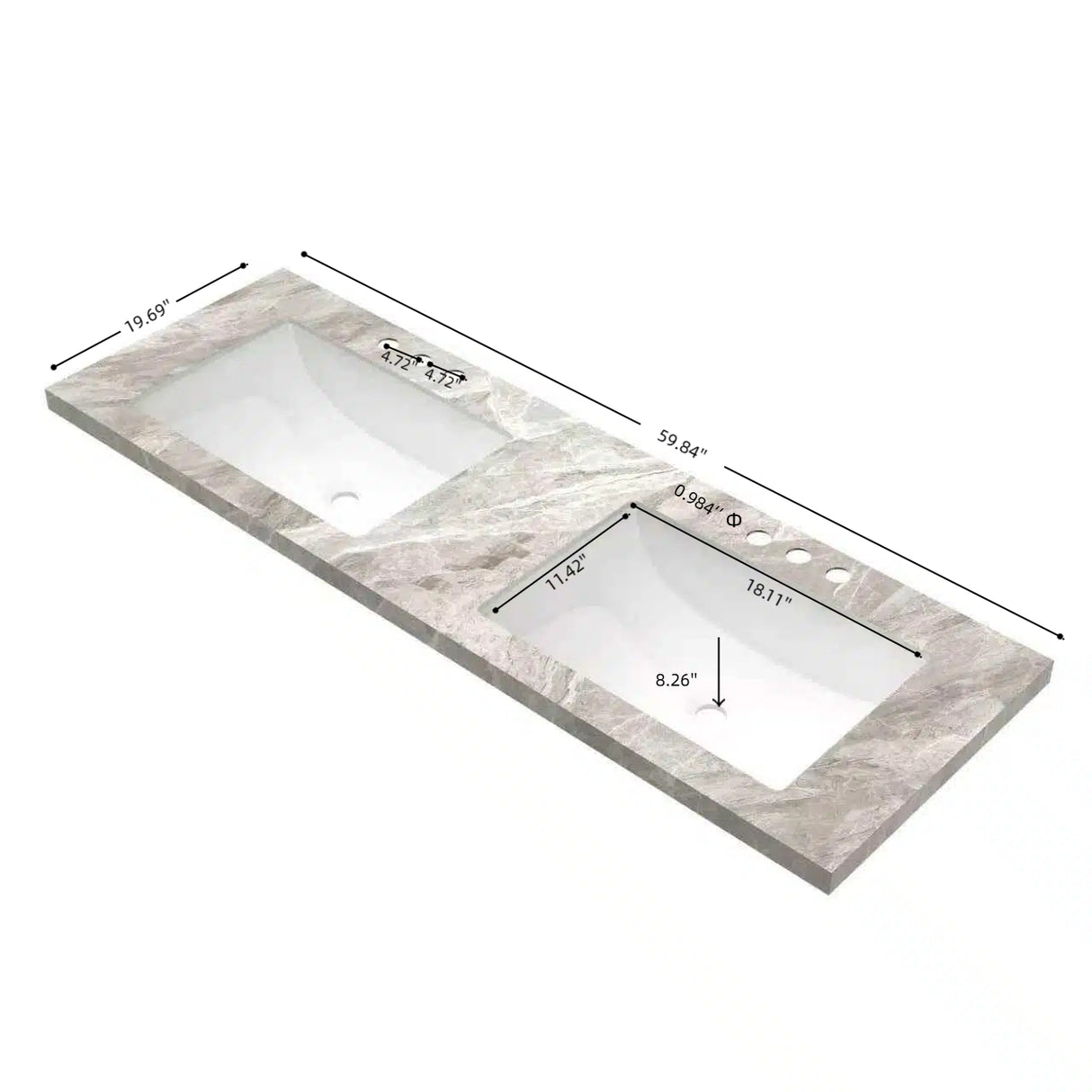 60" Elio Bathroom Undermount Ceramic Sink Vanity Top