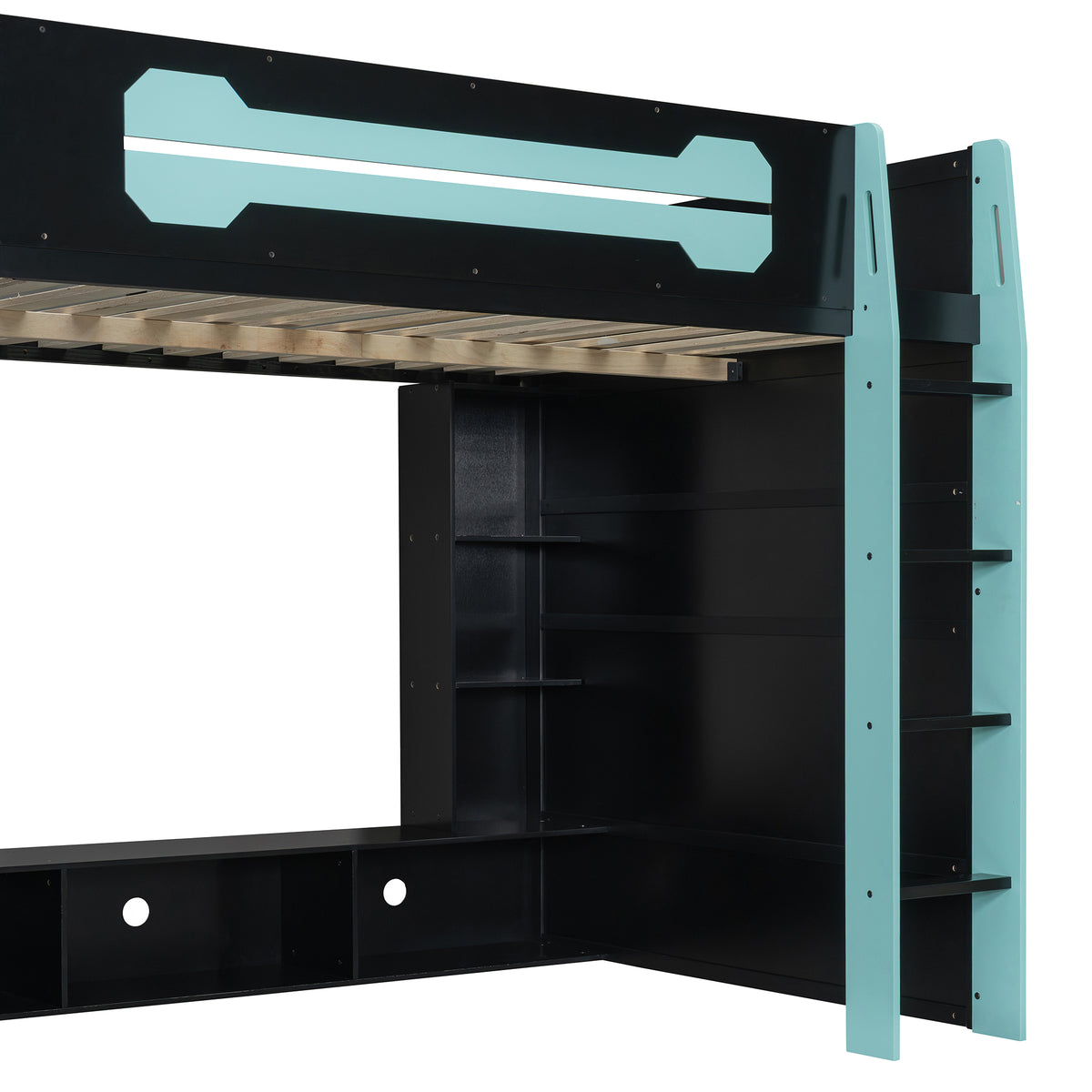 Full Size Wood Loft Bed with Desk, Multi-storage Shelves and RGB Light