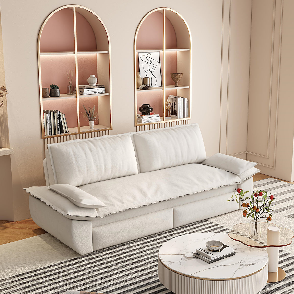 3-in-1 Convertible Velvet Sofa Bed with Queen Pull Out Sleeper - Beige/White