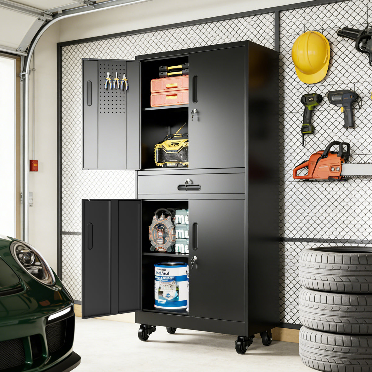 Metal Storage Cabinet with Drawer and Locking Doors