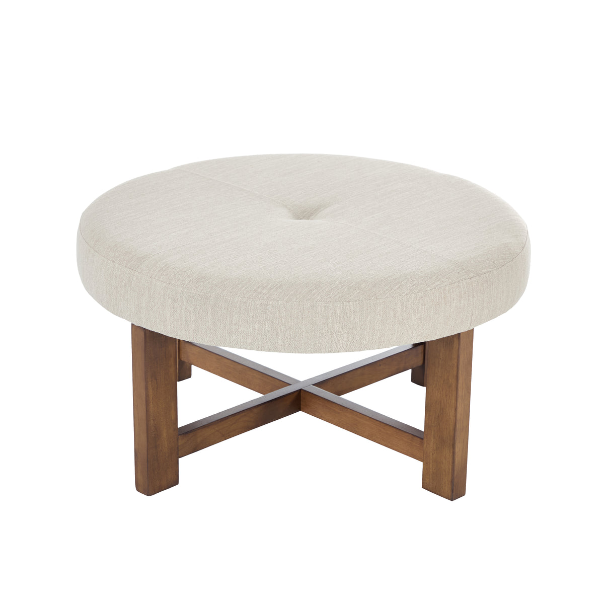 Beige Fabric Round Ottoman with Solid Wood Cross Base