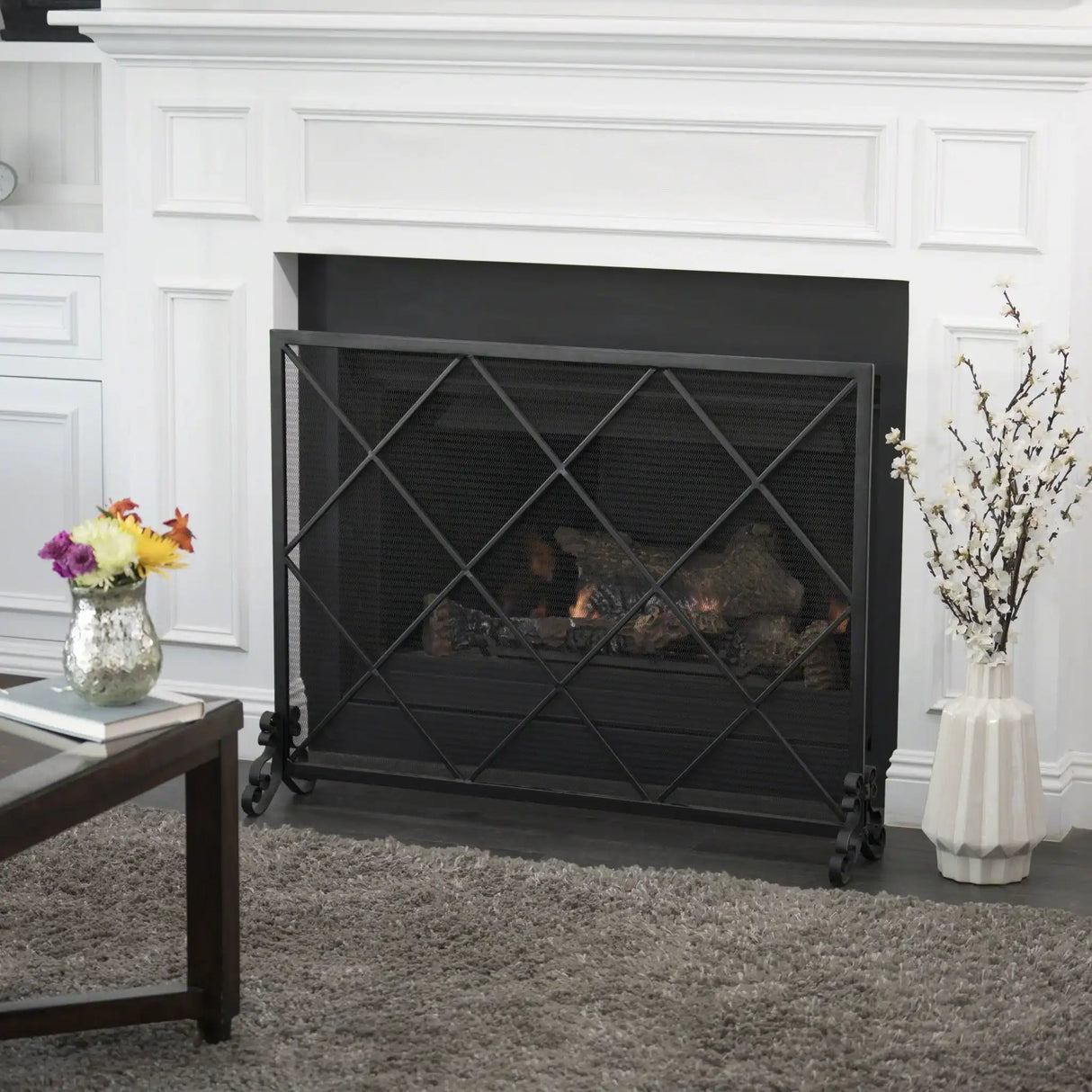 Minimalist Single Panel Iron Fireplace Screen With Diamond Design - Best Buy Furniture