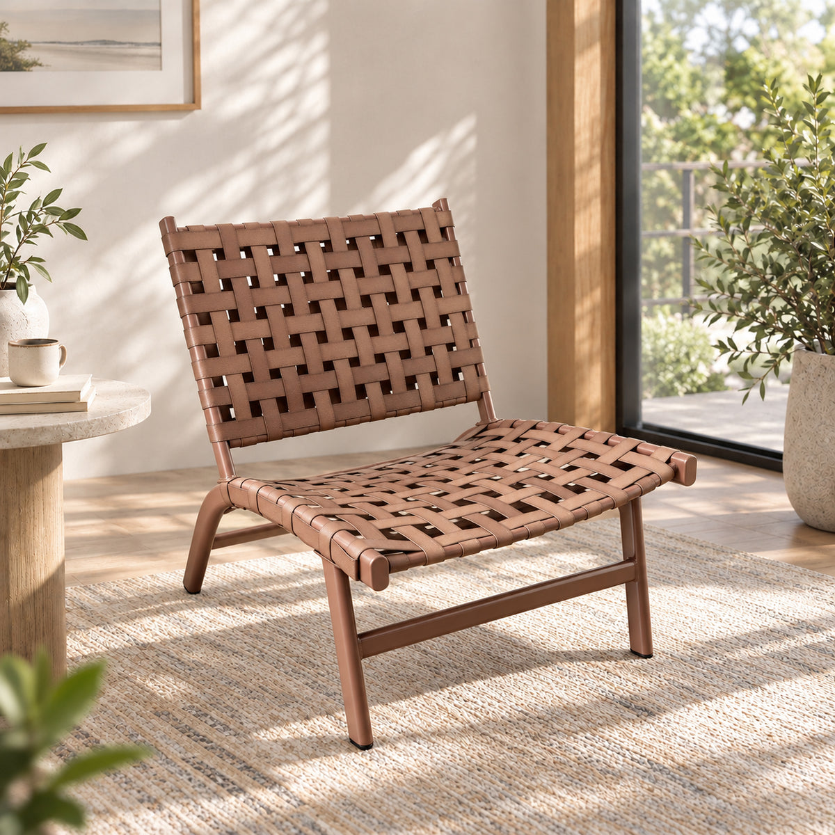 Lounge Chair Woven Accent Chair, Boho Mid Century Modern Armless, Brown