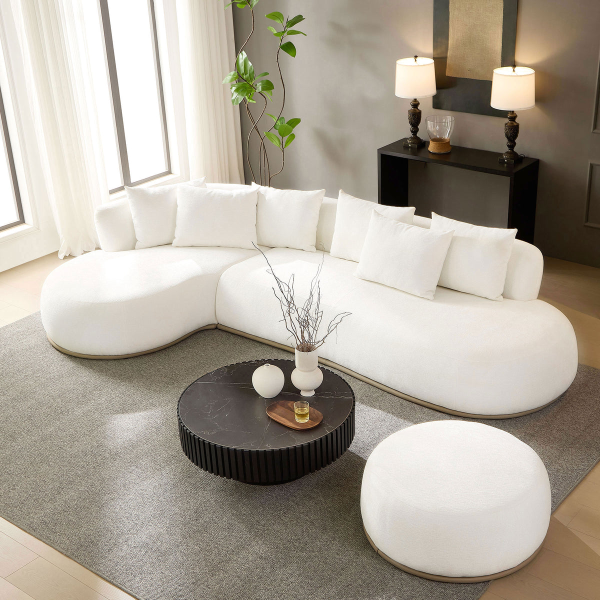 Oversized L-Shape Sectional Sofa with Ottoman - Beige