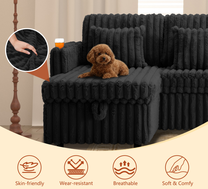 U Shaped Plush Corduroy Fluffy Sectional Sleeper Sofa