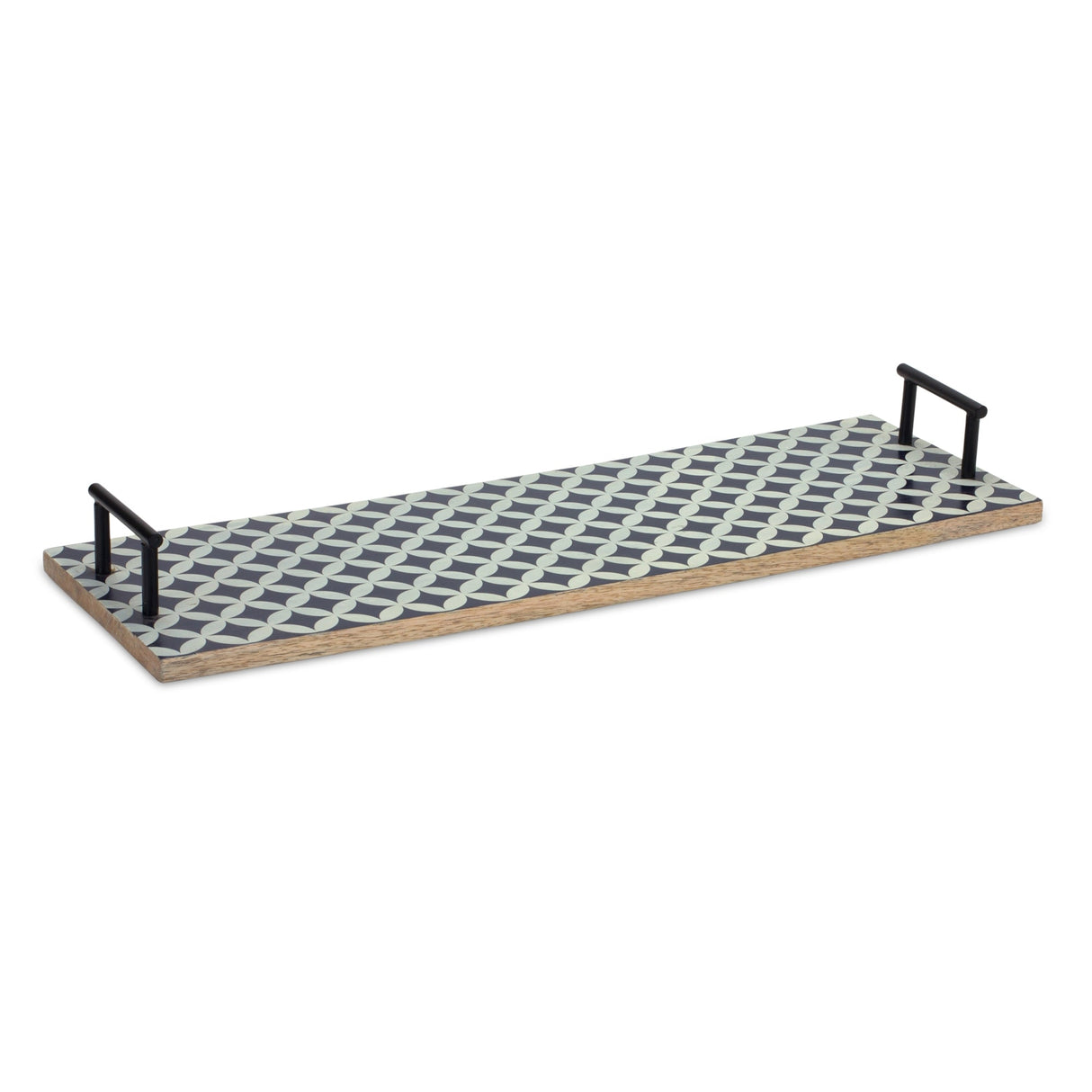 Mango Wood Tray with Geometric Design and Metal Handle Accents (Set of 2)