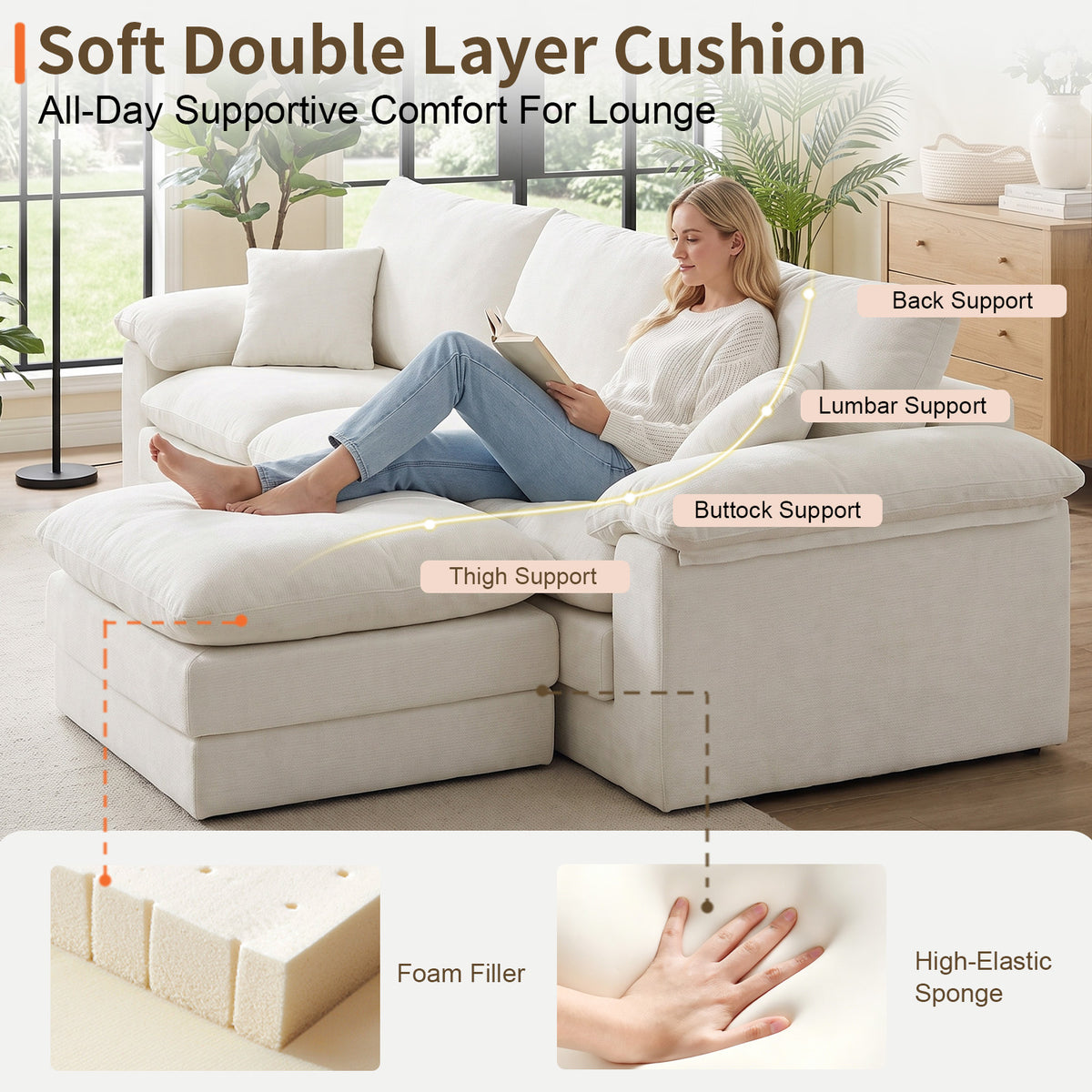 Modular U-Shape Sectional Sofa with Movable Ottoman, Chenille, Beige