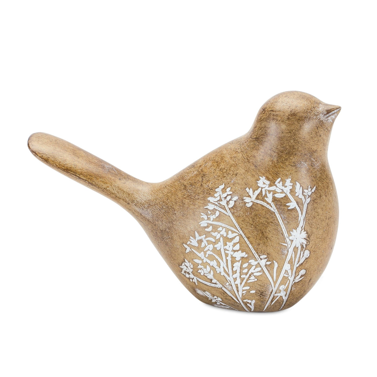 Floral etched bird figurine with wood grain design (set of 4)