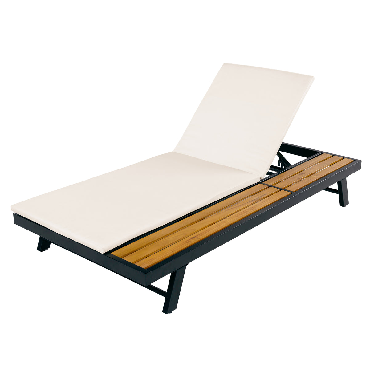 Black Iron and Teak Finish Outdoor Chaise Lounge Set