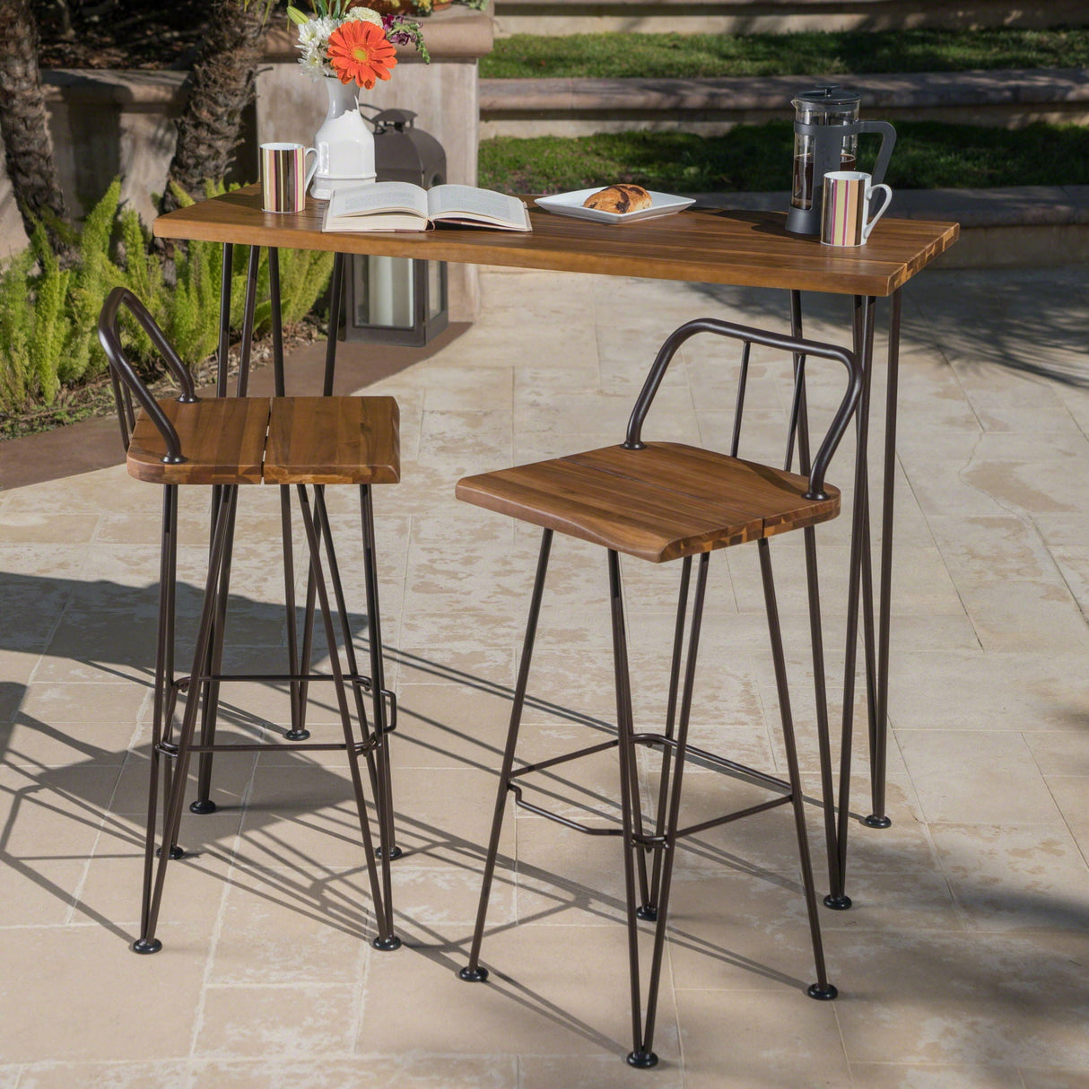 Dione Outdoor Industrial Acacia Wood Bar Set With Metal Frame And Slat Paneling - Brown - Best Buy Furniture