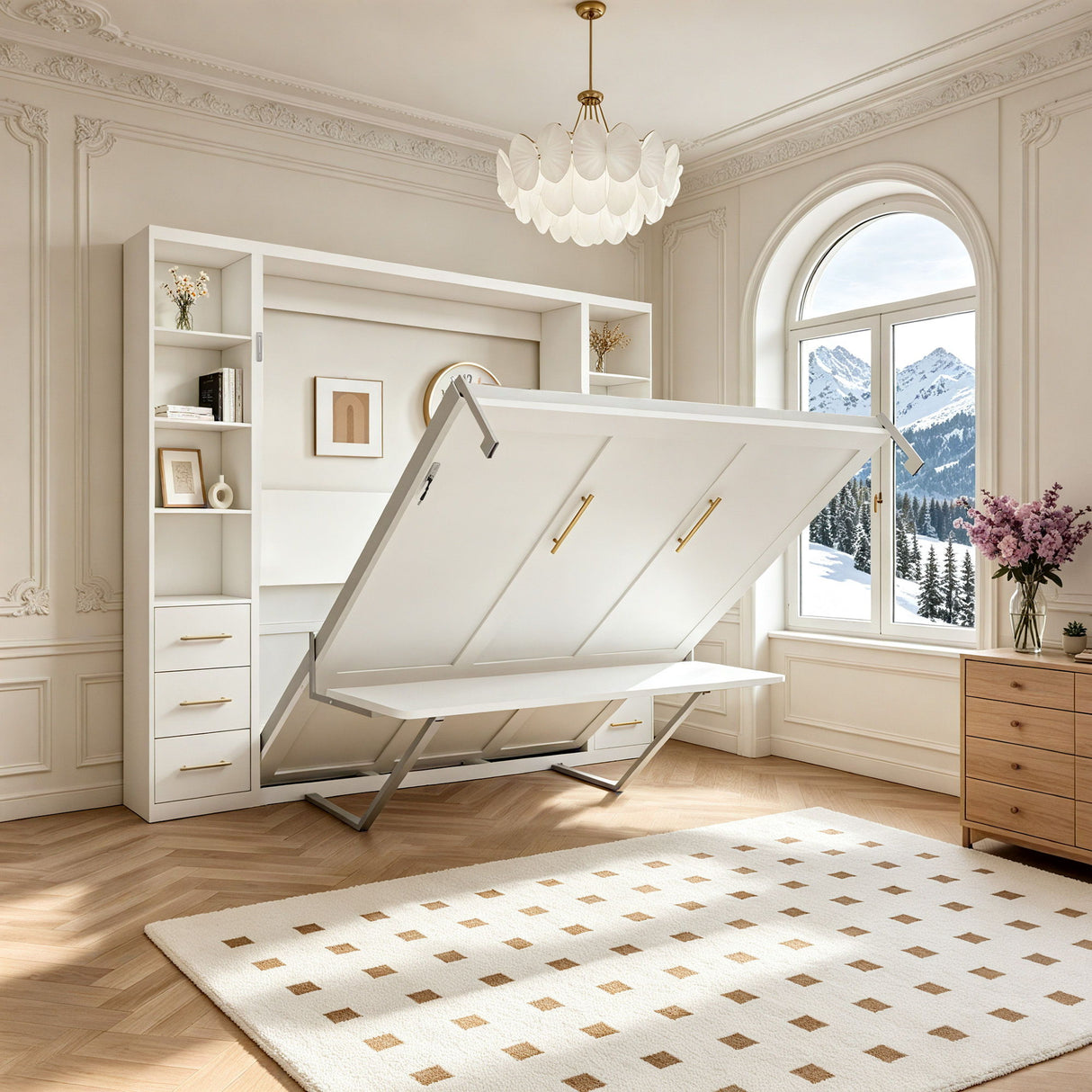 Queen Size Murphy Wall Bed With Side Storage Cabinets - White