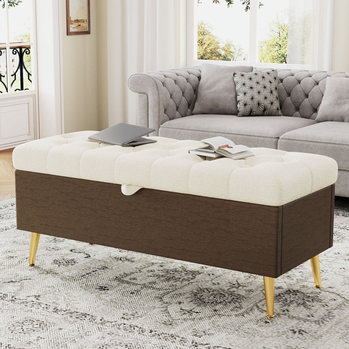 Modern Tufted Storage Ottoman Bench with Metal Legs