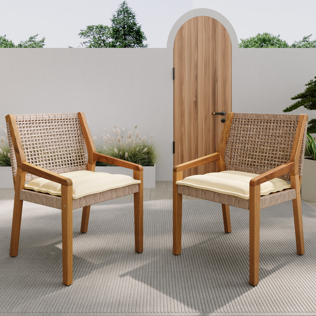 Outdoor Dining Chair Set - Acacia Wood and Wicker