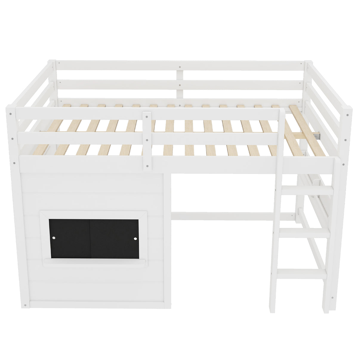 Full Size Loft Bed With Sliding Chalkboard & Bookshelf