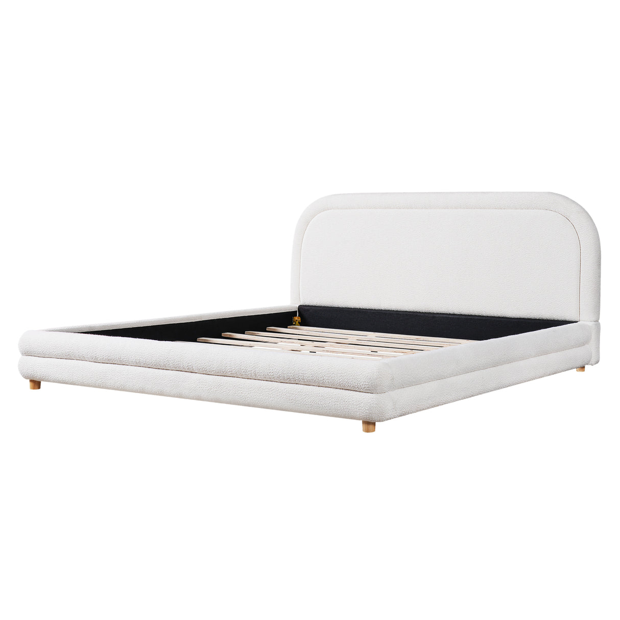 King Size Bed Frame With Boucle Upholstered Thick Curved Headboard, Solid Wood Legs