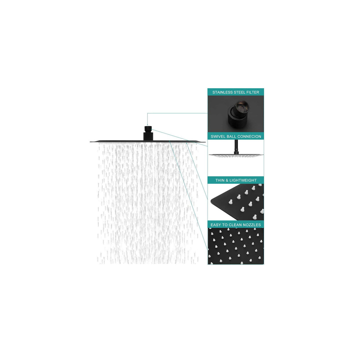 12" Square Rainfall Shower Head With Wall / Ceiling Mount, 304 Stainless Steel - Matte Black