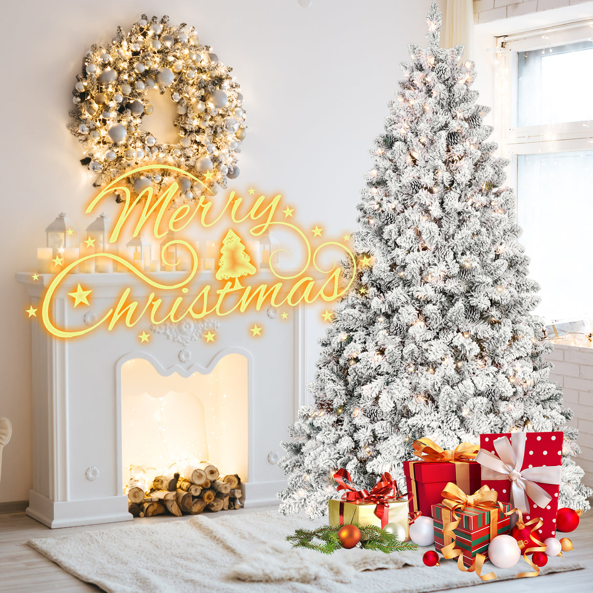 4.5FT Flocked Christmas Tree with 250 UL Lights and 24 Pine Cones